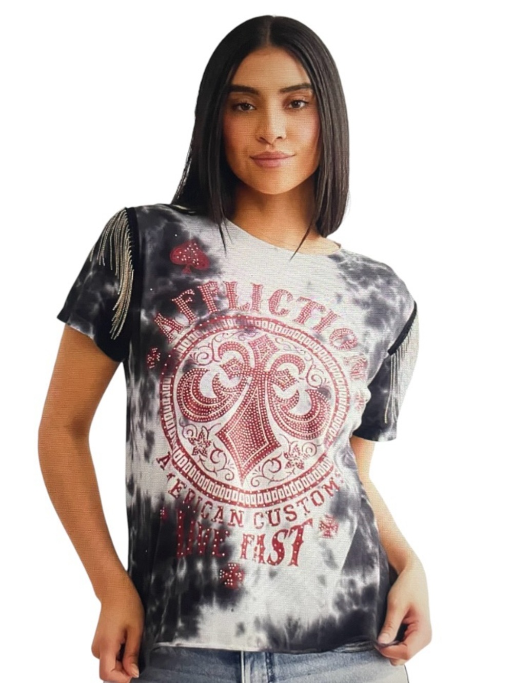NWT AFFLICTION AMERICAN CUSTOMS Battlefield Tie Dye Wash Bead Fringe Tee T-Shirt